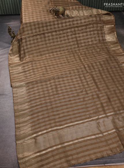 Banarasi silk cotton saree mehendi green with allover small zari checked pattern and zari woven border