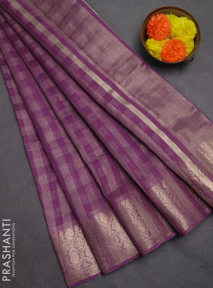 Banarasi silk cotton saree purple with allover small zari checked pattern and zari woven border