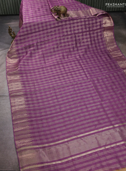 Banarasi silk cotton saree purple with allover small zari checked pattern and zari woven border