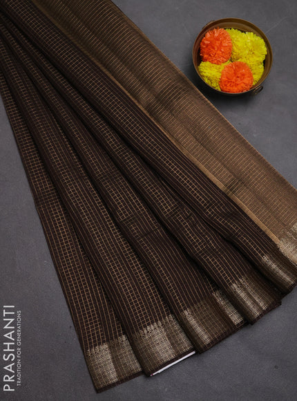 Banarasi silk cotton saree coffee brown with allover small zari checked pattern and zari woven border