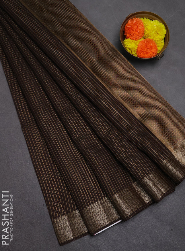 Banarasi silk cotton saree coffee brown with allover small zari checked pattern and zari woven border