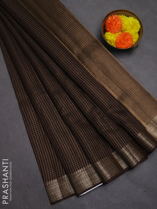Banarasi silk cotton saree coffee brown with allover small zari checked pattern and zari woven border