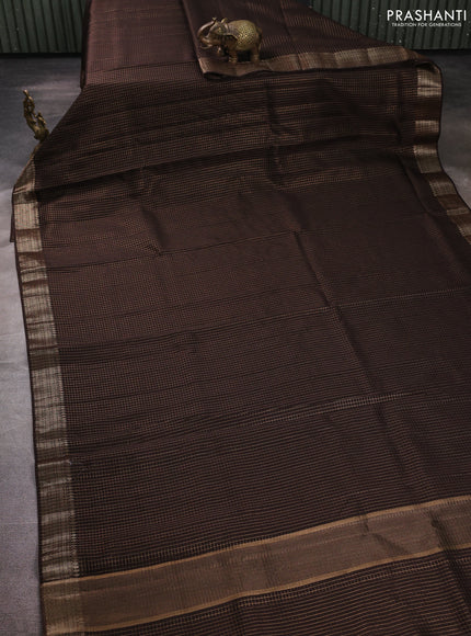 Banarasi silk cotton saree coffee brown with allover small zari checked pattern and zari woven border