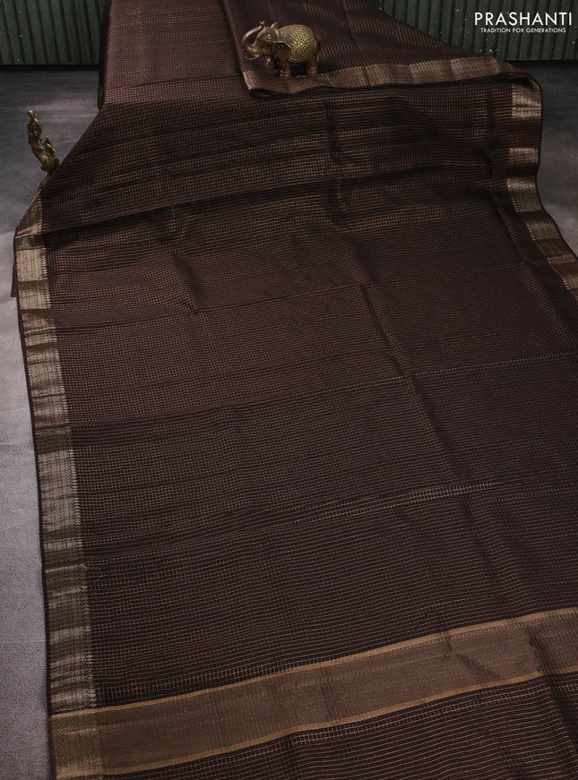 Banarasi silk cotton saree coffee brown with allover small zari checked pattern and zari woven border