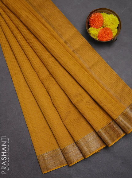Banarasi silk cotton saree mustard yellow with allover small zari checked pattern and zari woven border