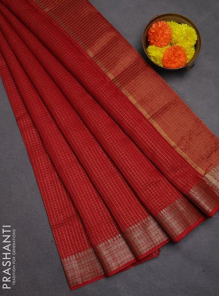 Banarasi silk cotton saree maroon with allover small zari checked pattern and zari woven border
