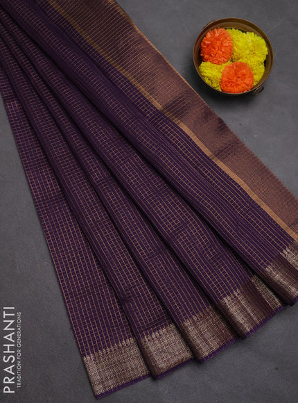 Banarasi silk cotton saree violet with allover small zari checked pattern and zari woven border