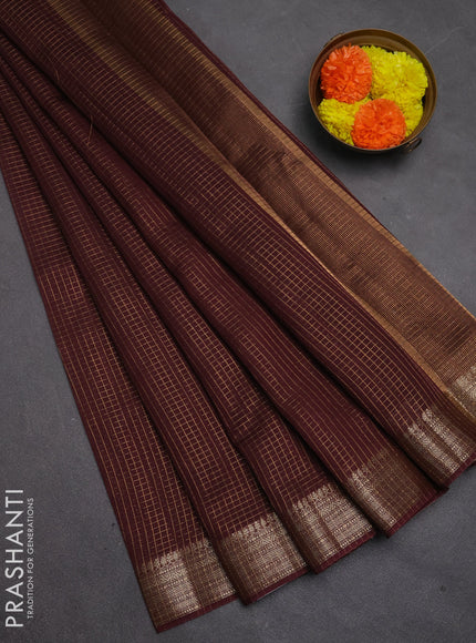 Banarasi silk cotton saree brown with allover small zari checked pattern and zari woven border