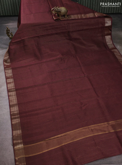 Banarasi silk cotton saree brown with allover small zari checked pattern and zari woven border