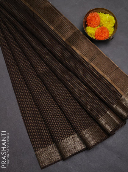 Banarasi silk cotton saree coffee brown with allover small zari checked pattern and zari woven border