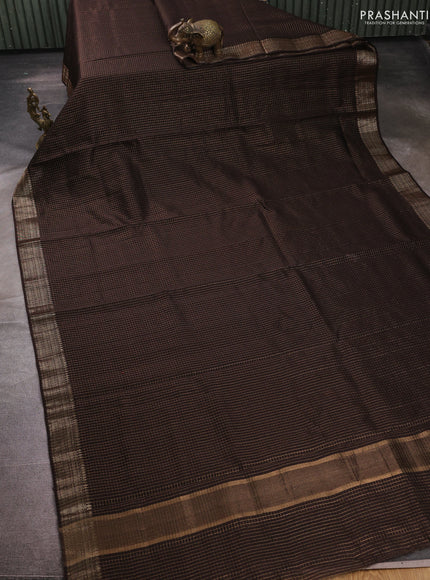 Banarasi silk cotton saree coffee brown with allover small zari checked pattern and zari woven border