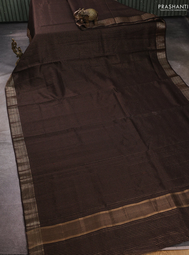 Banarasi silk cotton saree coffee brown with allover small zari checked pattern and zari woven border