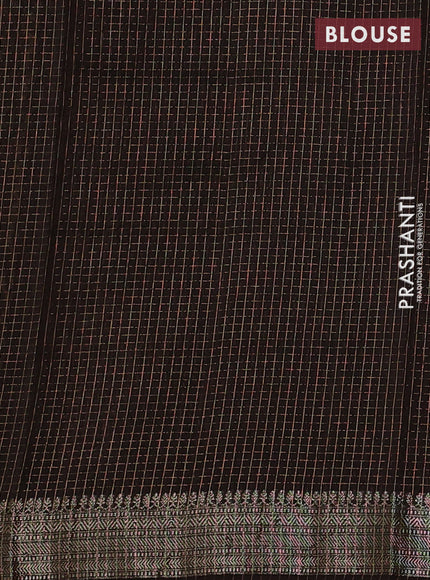 Banarasi silk cotton saree coffee brown with allover small zari checked pattern and zari woven border