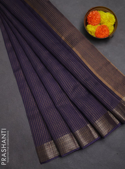 Banarasi silk cotton saree violet with allover small zari checked pattern and zari woven border