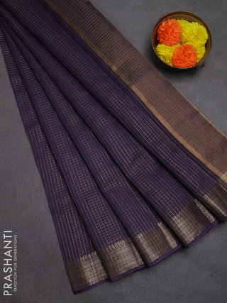 Banarasi silk cotton saree violet with allover small zari checked pattern and zari woven border