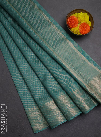 Banarasi silk cotton saree pastel green with allover small zari checked pattern and zari woven border