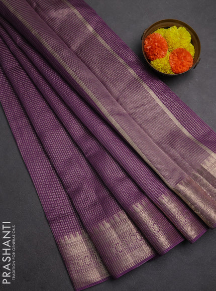 Banarasi silk cotton saree violet with allover small zari checked pattern and zari woven border