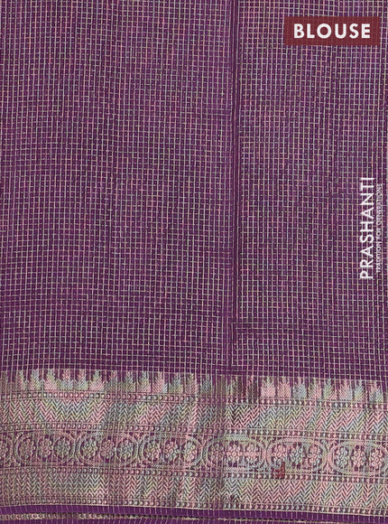 Banarasi silk cotton saree violet with allover small zari checked pattern and zari woven border