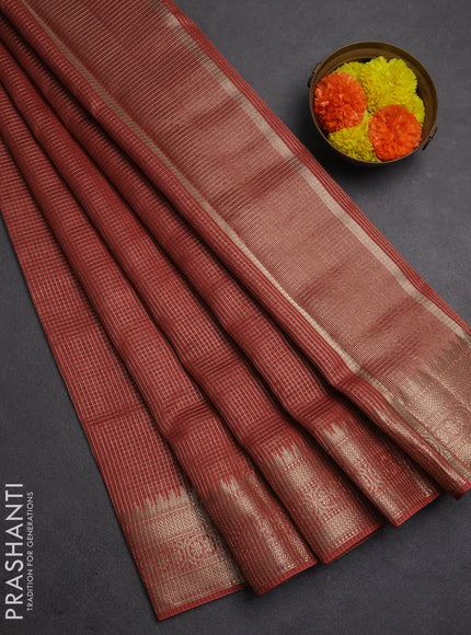 Banarasi silk cotton saree rust shade with allover small zari checked pattern and zari woven border