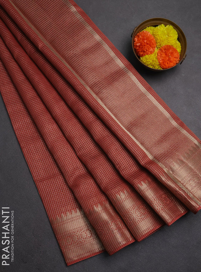 Banarasi silk cotton saree rust shade with allover small zari checked pattern and zari woven border