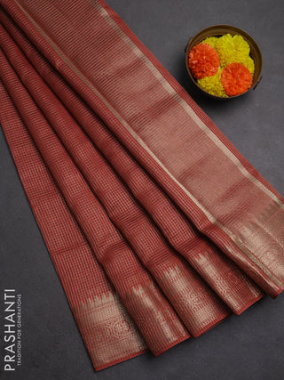 Banarasi silk cotton saree rust shade with allover small zari checked pattern and zari woven border