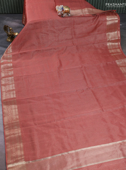 Banarasi silk cotton saree rust shade with allover small zari checked pattern and zari woven border