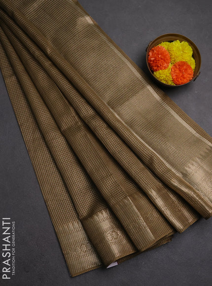 Banarasi silk cotton saree mehendi green with allover small zari checked pattern and zari woven border