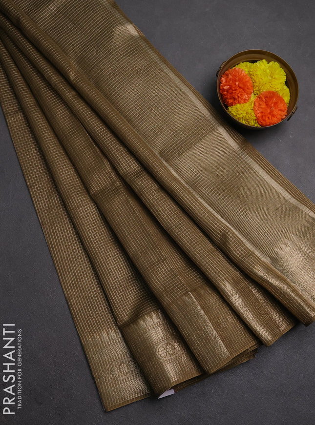 Banarasi silk cotton saree mehendi green with allover small zari checked pattern and zari woven border