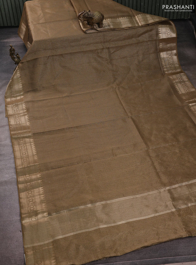 Banarasi silk cotton saree mehendi green with allover small zari checked pattern and zari woven border