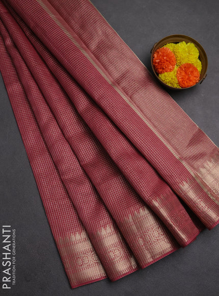 Banarasi silk cotton saree maroon with allover small zari checked pattern and zari woven border