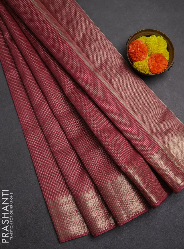 Banarasi silk cotton saree maroon with allover small zari checked pattern and zari woven border