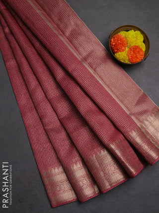 Banarasi silk cotton saree maroon with allover small zari checked pattern and zari woven border