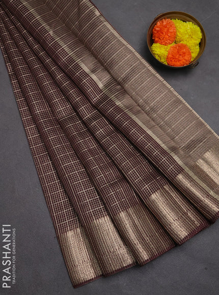 Banarasi silk cotton saree coffee brown with allover small zari checked pattern and zari woven border