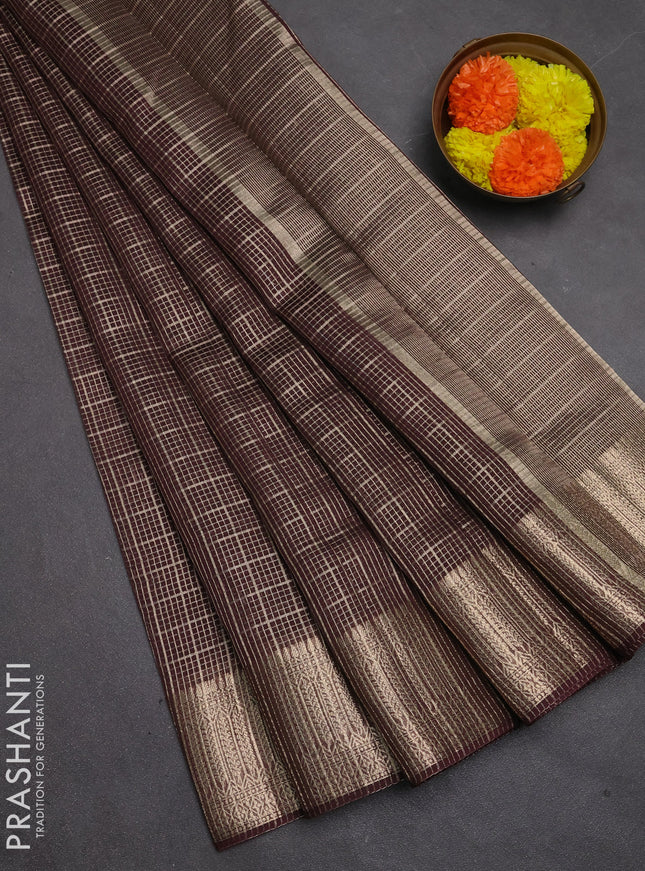 Banarasi silk cotton saree coffee brown with allover small zari checked pattern and zari woven border