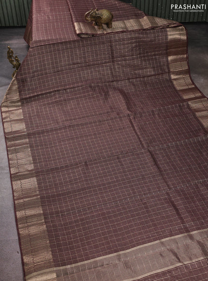 Banarasi silk cotton saree coffee brown with allover small zari checked pattern and zari woven border