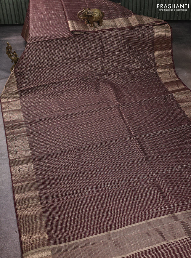 Banarasi silk cotton saree coffee brown with allover small zari checked pattern and zari woven border