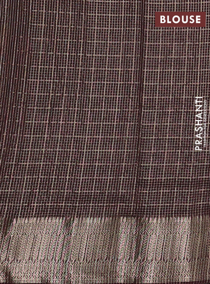 Banarasi silk cotton saree coffee brown with allover small zari checked pattern and zari woven border