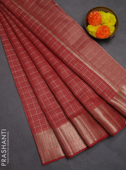 Banarasi silk cotton saree maroon with allover small zari checked pattern and zari woven border
