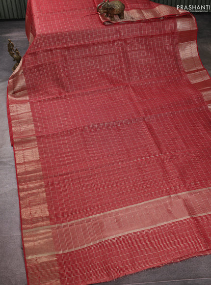 Banarasi silk cotton saree maroon with allover small zari checked pattern and zari woven border