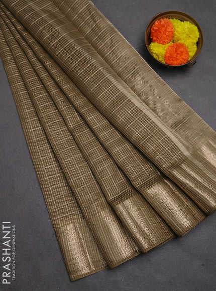 Banarasi silk cotton saree mehendi green with allover small zari checked pattern and zari woven border