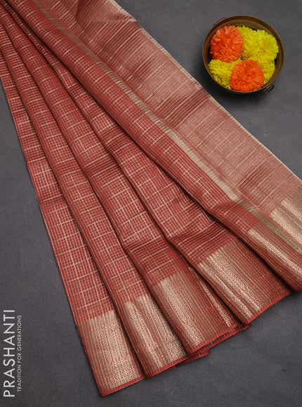 Banarasi silk cotton saree rust shade with allover small zari checked pattern and zari woven border