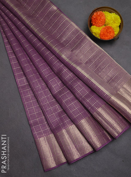 Banarasi silk cotton saree purple with allover small zari checked pattern and zari woven border