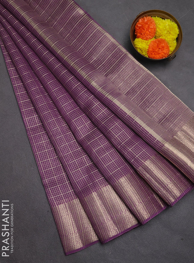Banarasi silk cotton saree purple with allover small zari checked pattern and zari woven border