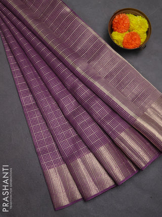 Banarasi silk cotton saree purple with allover small zari checked pattern and zari woven border
