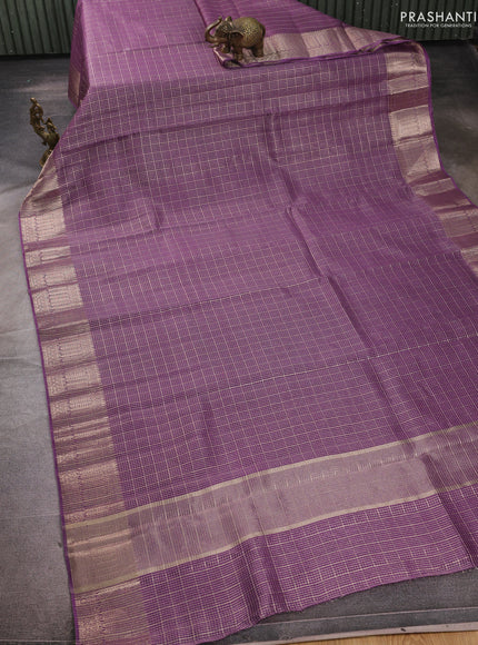 Banarasi silk cotton saree purple with allover small zari checked pattern and zari woven border