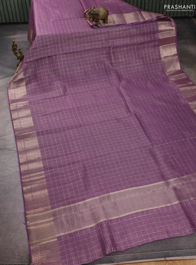 Banarasi silk cotton saree purple with allover small zari checked pattern and zari woven border