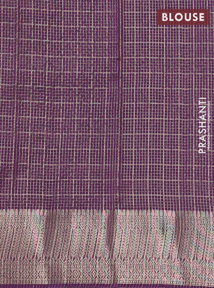 Banarasi silk cotton saree purple with allover small zari checked pattern and zari woven border