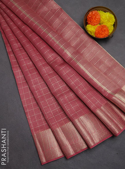 Banarasi silk cotton saree mauve pink with allover small zari checked pattern and zari woven border