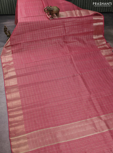 Banarasi silk cotton saree mauve pink with allover small zari checked pattern and zari woven border