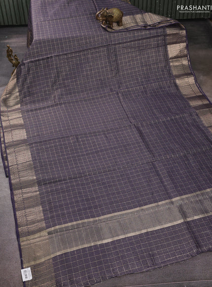 Banarasi silk cotton saree violet with allover small zari checked pattern and zari woven border